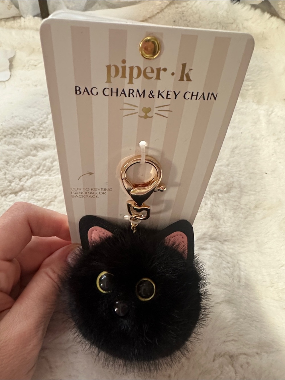 Piper K black cat fuzzy key chain and bag charm